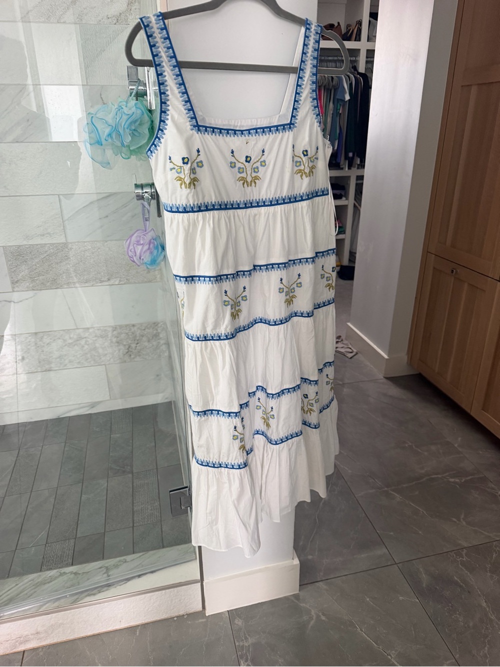 English Factory White Midi Dress with Blue Embroidery